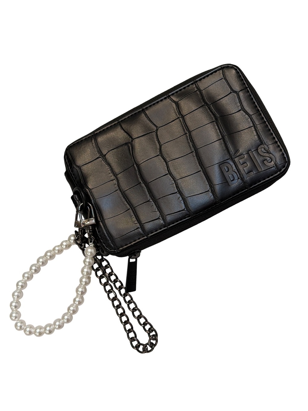 BÉIS Black Croc Embossed Travel Wallet Passbook Crossbody Wristlet